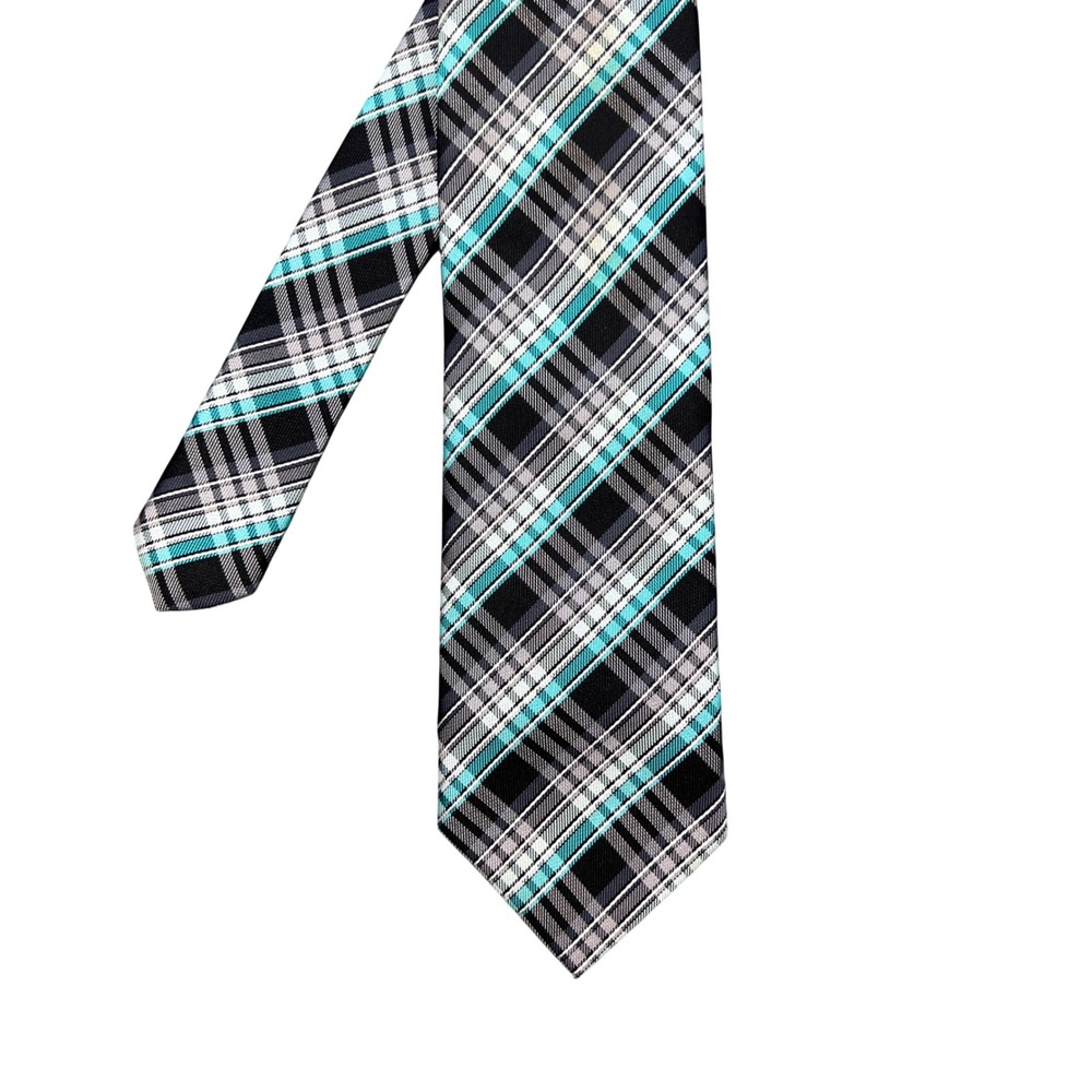 Croft & Barrow Black Teal Plaid Tie Mens OS Polyester Geometric Formal Accessory